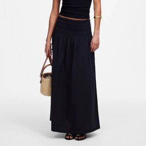 NWT Madewell Women's Sz S Smocked-Waist Poplin Midi Skirt Jet Black Cotton NU637